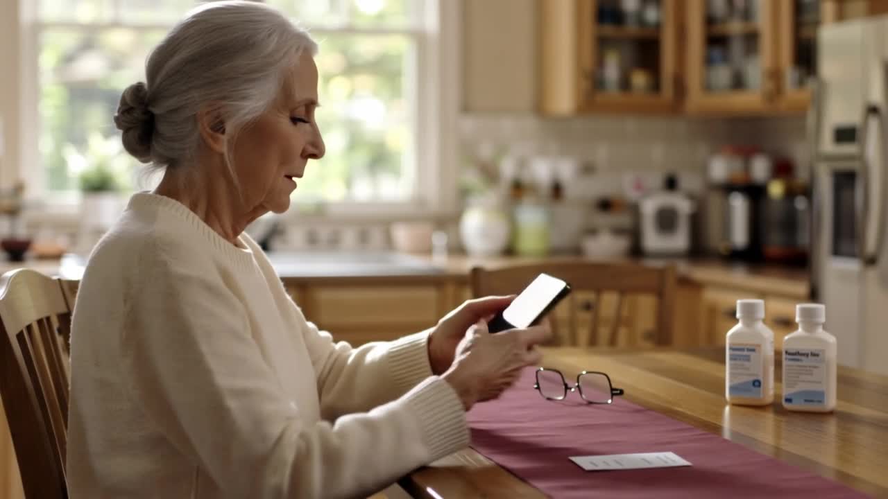 Teresa in a high-neck ivory knit, seated at a kitchen table with her care supplies. AI-generated fictional teaching case; no real patient is depicted.